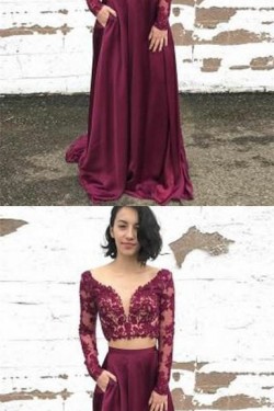 Long Sleeves Two Pieces Lace Long Prom Dresses Formal Evening Dresses 601256