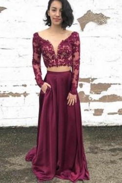 Long Sleeves Two Pieces Lace Long Prom Dresses Formal Evening Dresses 601256