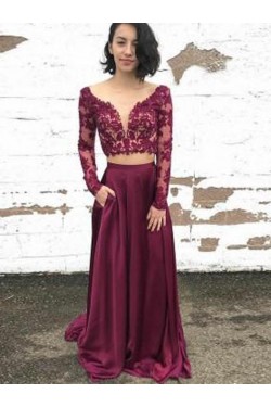 Long Sleeves Two Pieces Lace Long Prom Dresses Formal Evening Dresses 601256