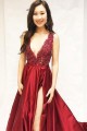 A-Line V-Neck Beaded Lace Long Prom Dresses Formal Evening Dresses 601257