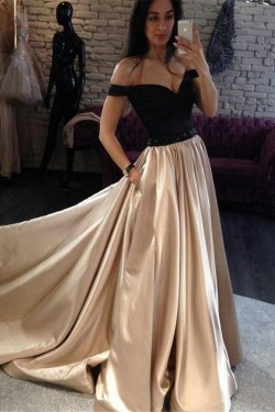 A-Line Off-the-Shoulder Beaded Long Prom Dresses Formal Evening Dresses 601258