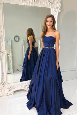 A-Line Strapless Beaded Long Prom Dresses Formal Evening Dresses 601260