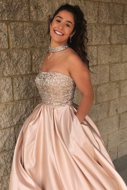 A-Line Strapless Beaded Long Prom Dresses Formal Evening Dresses 601261