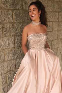 A-Line Strapless Beaded Long Prom Dresses Formal Evening Dresses 601261