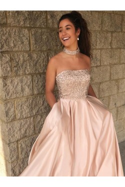 A-Line Strapless Beaded Long Prom Dresses Formal Evening Dresses 601261