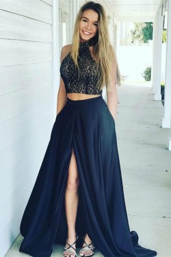 A-Line Two Pieces Lace Long Prom Dresses Formal Evening Dresses 601266
