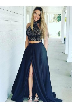 A-Line Two Pieces Lace Long Prom Dresses Formal Evening Dresses 601266