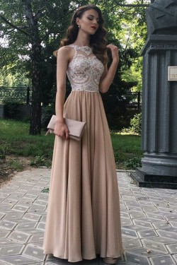 A-Line Beaded Lace Chiffon Long Prom Dresses Formal Evening Dresses 601269