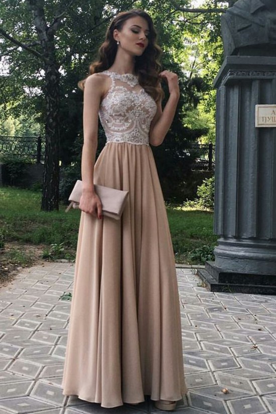 A-Line Beaded Lace Chiffon Long Prom Dresses Formal Evening Dresses 601269