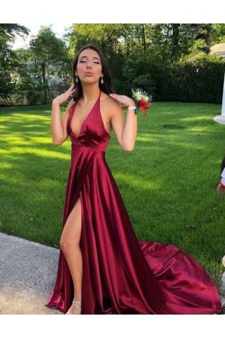 A-Line Halter V-Neck Long Prom Dresses Formal Evening Dresses 601270