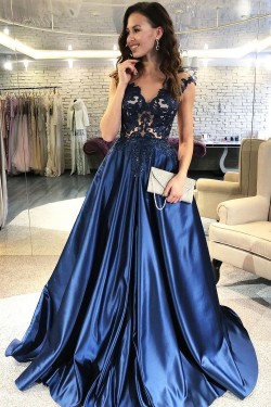 A-Line V-Neck Lace Long Prom Dresses Formal Evening Dresses 601273