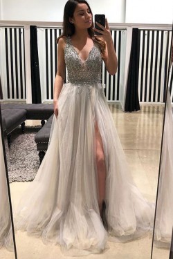 A-Line V-Neck Beaded Tulle Long Prom Dresses Formal Evening Dresses 601275