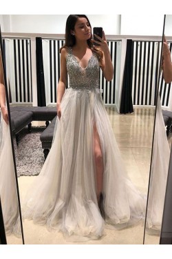 A-Line V-Neck Beaded Tulle Long Prom Dresses Formal Evening Dresses 601275