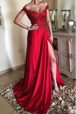 A-Line Off-the-Shoulder Beaded Lace Long Prom Dresses Formal Evening Dresses 601276