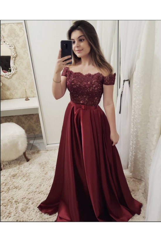 A-Line Off-the-Shoulder Beaded Lace Long Prom Dresses Formal Evening Dresses 601277
