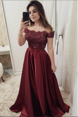 A-Line Off-the-Shoulder Beaded Lace Long Prom Dresses Formal Evening Dresses 601277