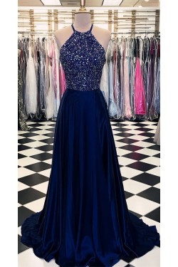 A-Line Halter Beaded Long Prom Dresses Formal Evening Dresses 601278