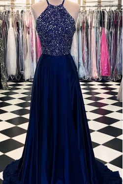 A-Line Halter Beaded Long Prom Dresses Formal Evening Dresses 601278