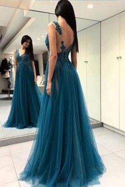 A-Line Beaded Lace Tulle Long Prom Dresses Formal Evening Dresses 601284