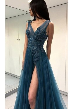 A-Line Beaded Lace Tulle Long Prom Dresses Formal Evening Dresses 601284