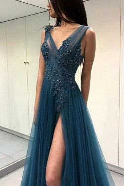 A-Line Beaded Lace Tulle Long Prom Dresses Formal Evening Dresses 601284
