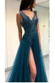 A-Line Beaded Lace Tulle Long Prom Dresses Formal Evening Dresses 601284
