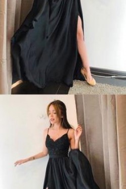 A-Line Spaghetti Straps Lace Long Black Prom Dresses Formal Evening Dresses 601285