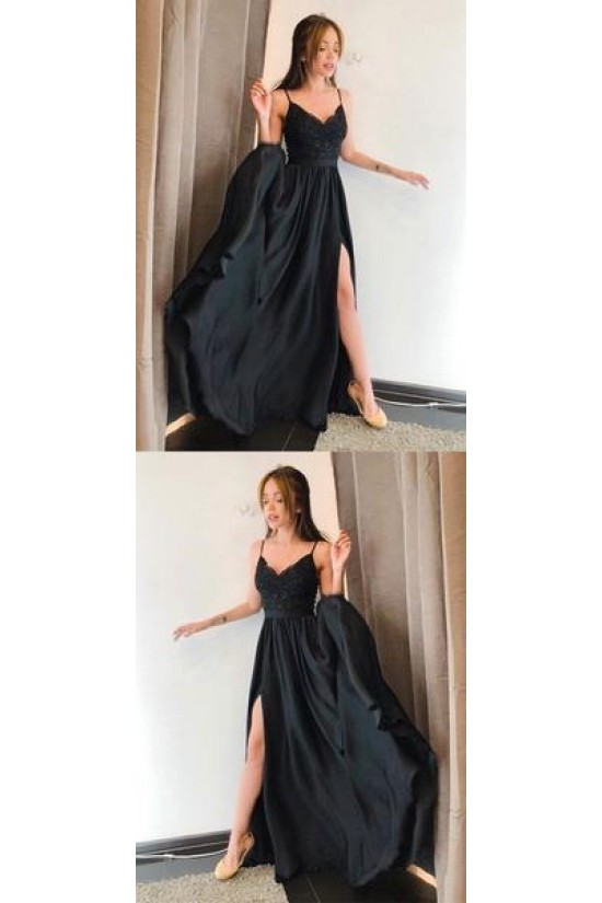 A-Line Spaghetti Straps Lace Long Black Prom Dresses Formal Evening Dresses 601285