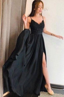 A-Line Spaghetti Straps Lace Long Black Prom Dresses Formal Evening Dresses 601285