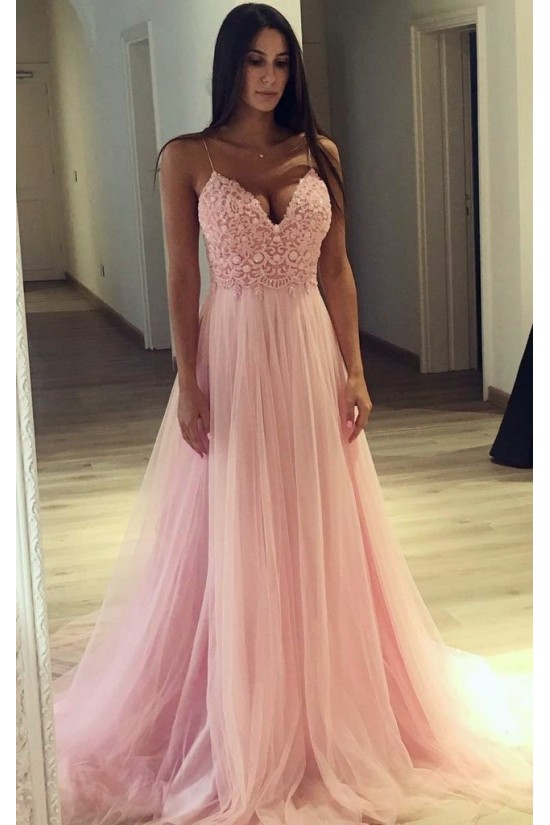 A-Line V-Neck Long Pink Lace Tulle Long Prom Dresses Formal Evening Dresses 601287 A-Line V-Neck Long Pink Lace Tulle Long Prom Dresses Formal Evening Dresses 601287