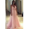 A-Line V-Neck Long Pink Lace Tulle Long Prom Dresses Formal Evening Dresses 601287