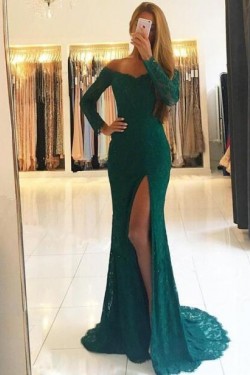 Mermaid Off-the-Shoulder Lace Long Sleeves Prom Dresses Formal Evening Dresses 601288