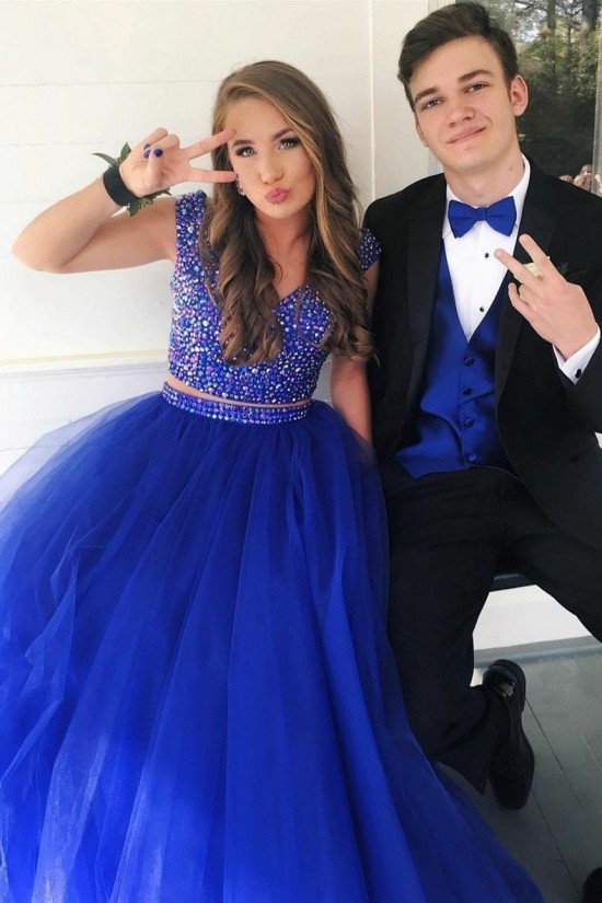 Beaded Tulle Two Pieces Long Prom Dresses Formal Evening Dresses 601291