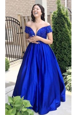 Ball Gown Off-the-Shoulder Beaded Long Prom Dresses Formal Evening Dresses 601292