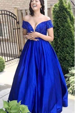 Ball Gown Off-the-Shoulder Beaded Long Prom Dresses Formal Evening Dresses 601292