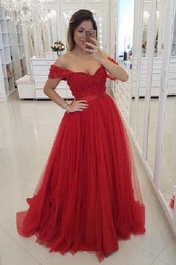 Beaded Lace Tulle Long Prom Dresses Formal Evening Dresses 601295