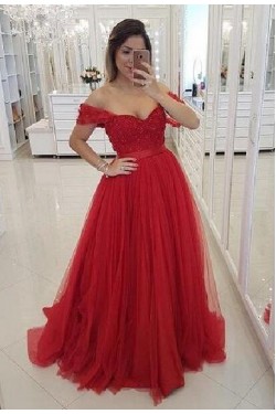 Beaded Lace Tulle Long Prom Dresses Formal Evening Dresses 601295