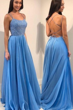 A-Line Beaded Long Prom Dresses Formal Evening Dresses 601296