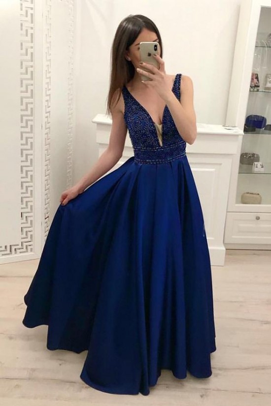 A-Line V-Neck Beaded Long Prom Dresses Formal Evening Dresses 601297 A-Line V-Neck Beaded Long Prom Dresses Formal Evening Dresses 601297
