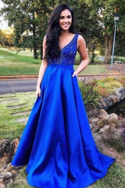 A-Line V-Neck Beaded Long Prom Dresses Formal Evening Dresses 601298