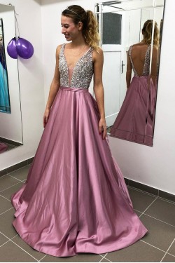 A-Line Beaded Long Prom Dresses Formal Evening Dresses 601302