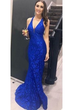Mermaid V-Neck Lace Long Prom Dresses Formal Evening Dresses 601304