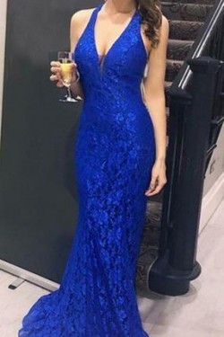 Mermaid V-Neck Lace Long Prom Dresses Formal Evening Dresses 601304