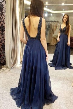 A-Line Beaded Long Prom Dresses Formal Evening Dresses 601306