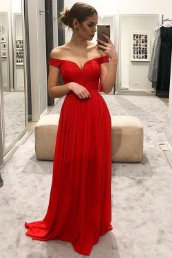 A-Line Off-the-Shoulder Lace Long Prom Dresses Formal Evening Dresses 601307