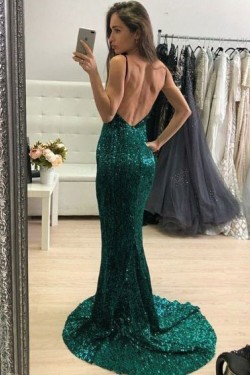 Sexy Backless Mermaid Sequins Spaghetti Straps Long Prom Dresses Formal Evening Dresses 601309