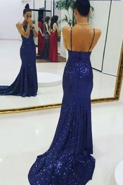 Sexy Mermaid Sequins Spaghetti Straps Long Prom Dresses Formal Evening Dresses 601310