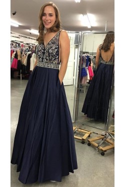 A-Line Beaded V-Neck Long Prom Dresses Formal Evening Dresses 601311