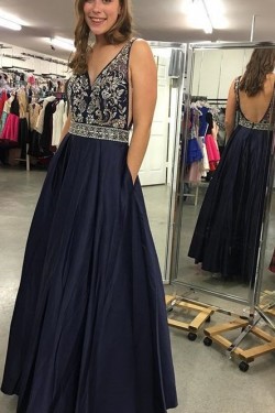 A-Line Beaded V-Neck Long Prom Dresses Formal Evening Dresses 601311