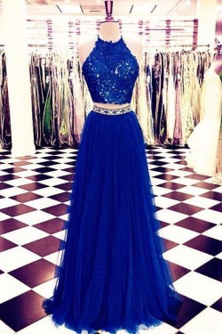 A-Line Two Pieces Beaded Lace Long Prom Dresses Formal Evening Dresses 601312